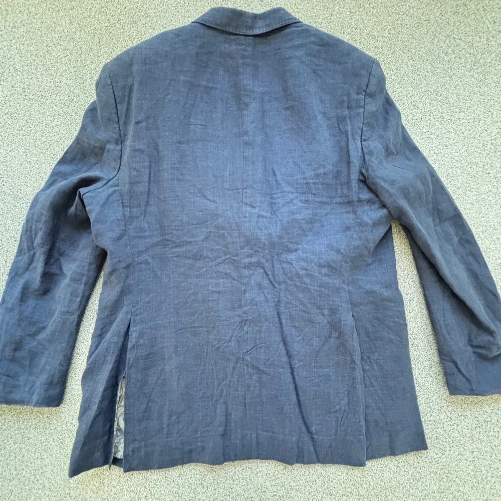 Alan Flusser Linen Blazer Mens 46 L Blue Paisley Lining Coastal Beach Wedding